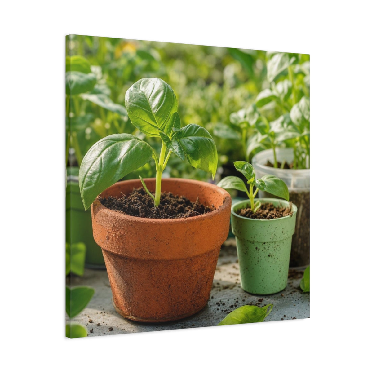 Side Mockup 3. Seedlings In Terracotta Pots shown as canvas print