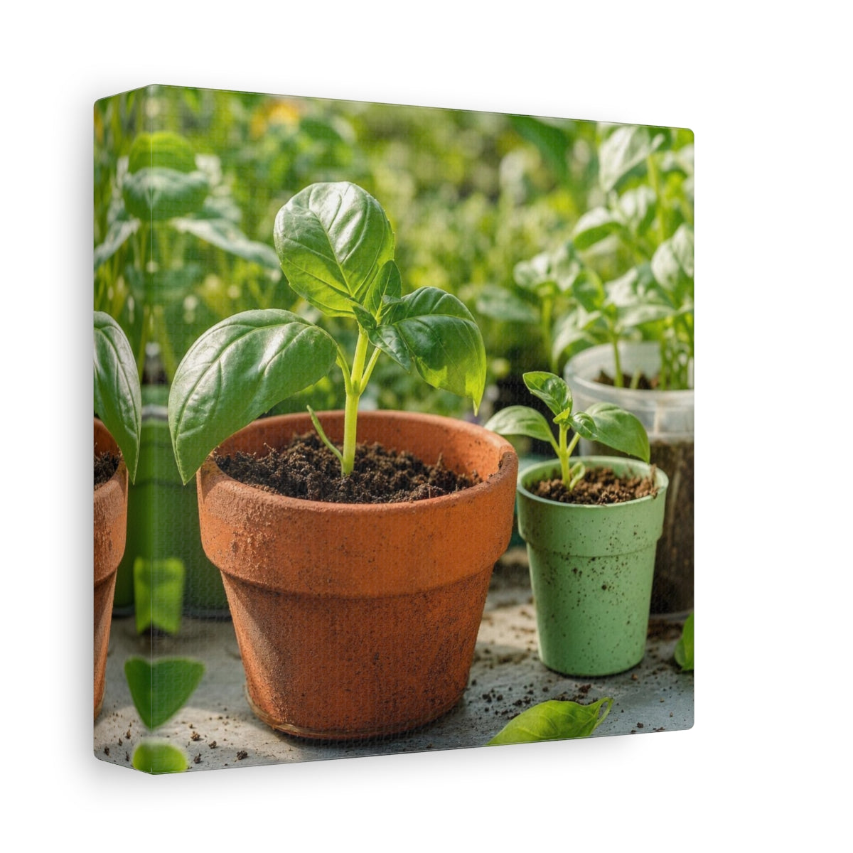 Side Mockup 2. Seedlings In Terracotta Pots shown as canvas print