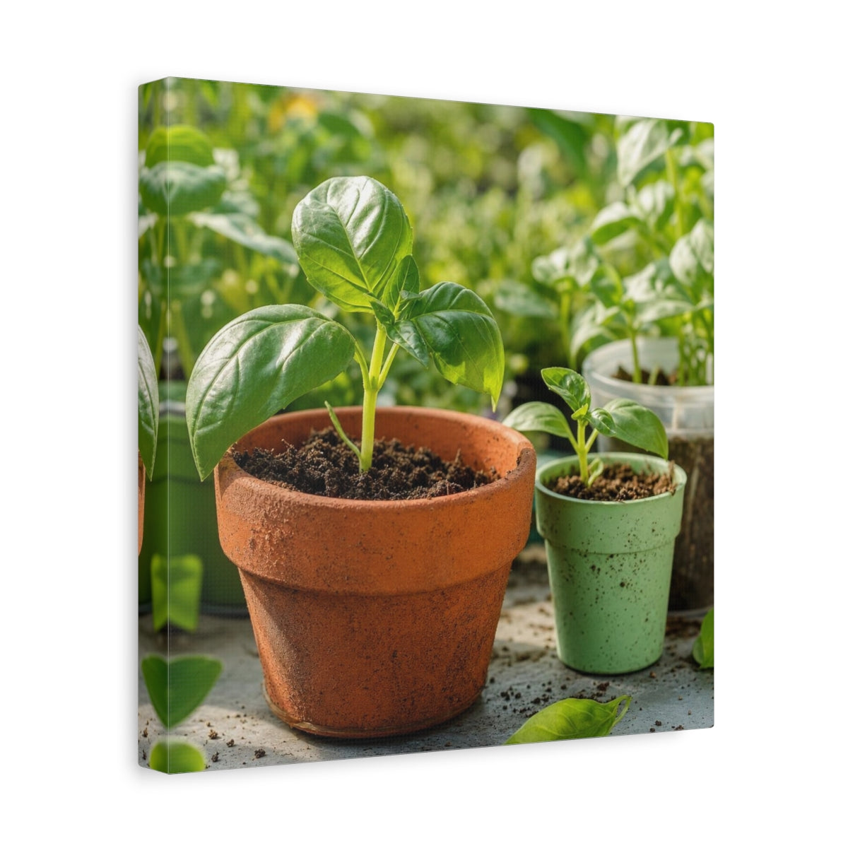 Side Mockup 8. Seedlings In Terracotta Pots shown as canvas print