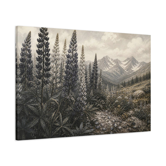 Main Mockup. Sepia Alpine Lupines shown as canvas print