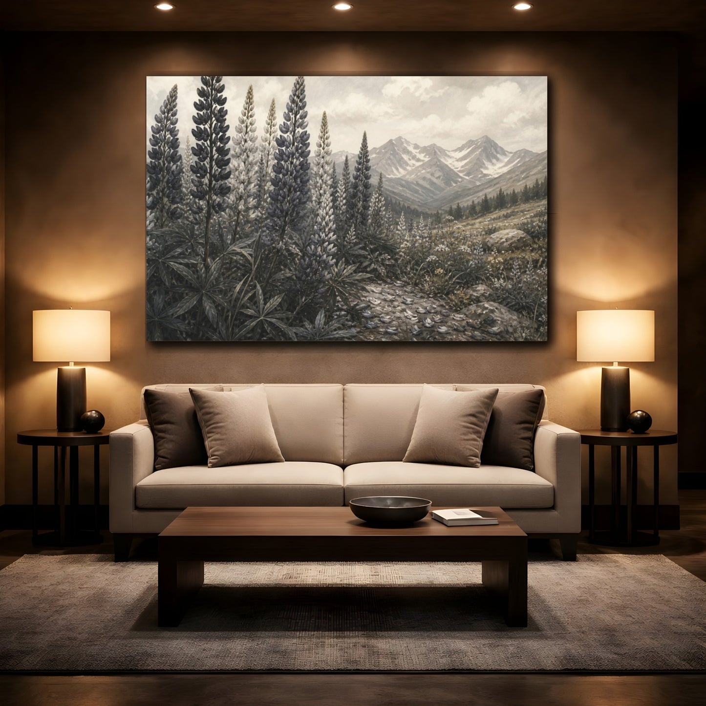Mockup 2. Sepia Alpine Lupines shown as canvas print