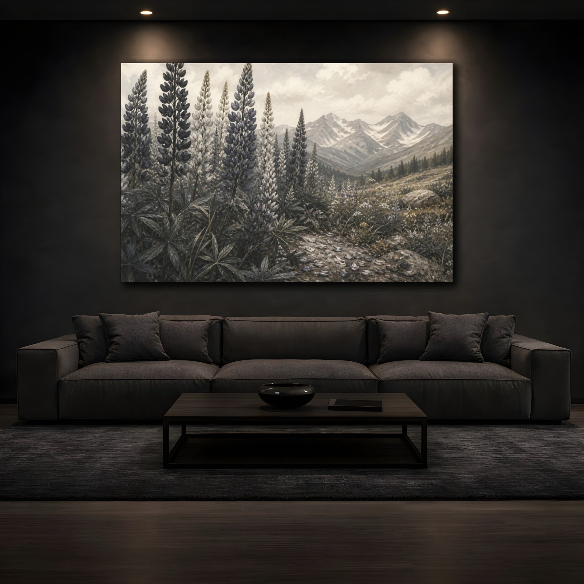 Mockup 3. Sepia Alpine Lupines shown as canvas print