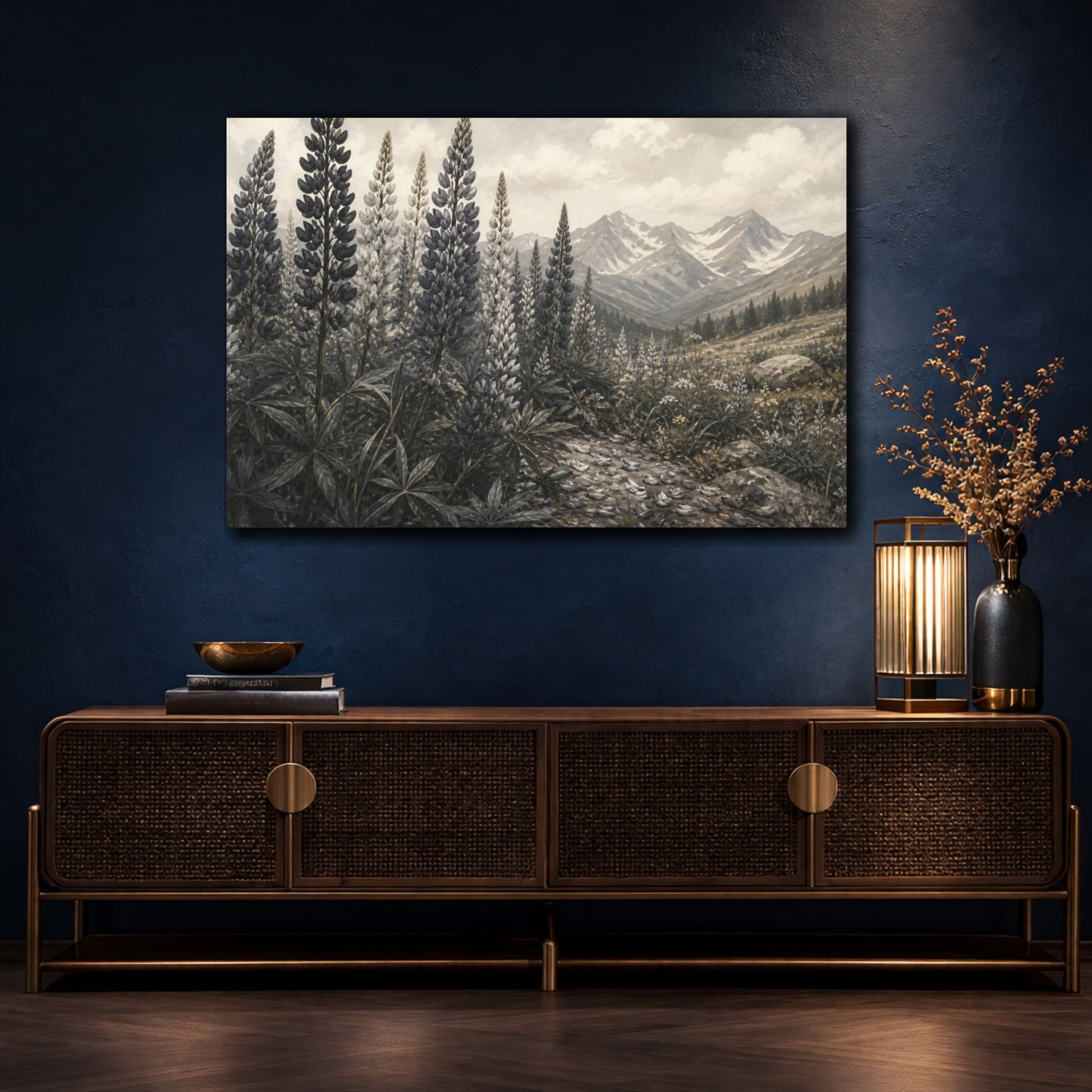 Mockup 4. Sepia Alpine Lupines shown as canvas print
