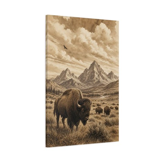 Sepia Ink Mountain Drawing Bison Herd Canvas Print – Vintage Decor for Living Room, Large Wall - YesArtYes