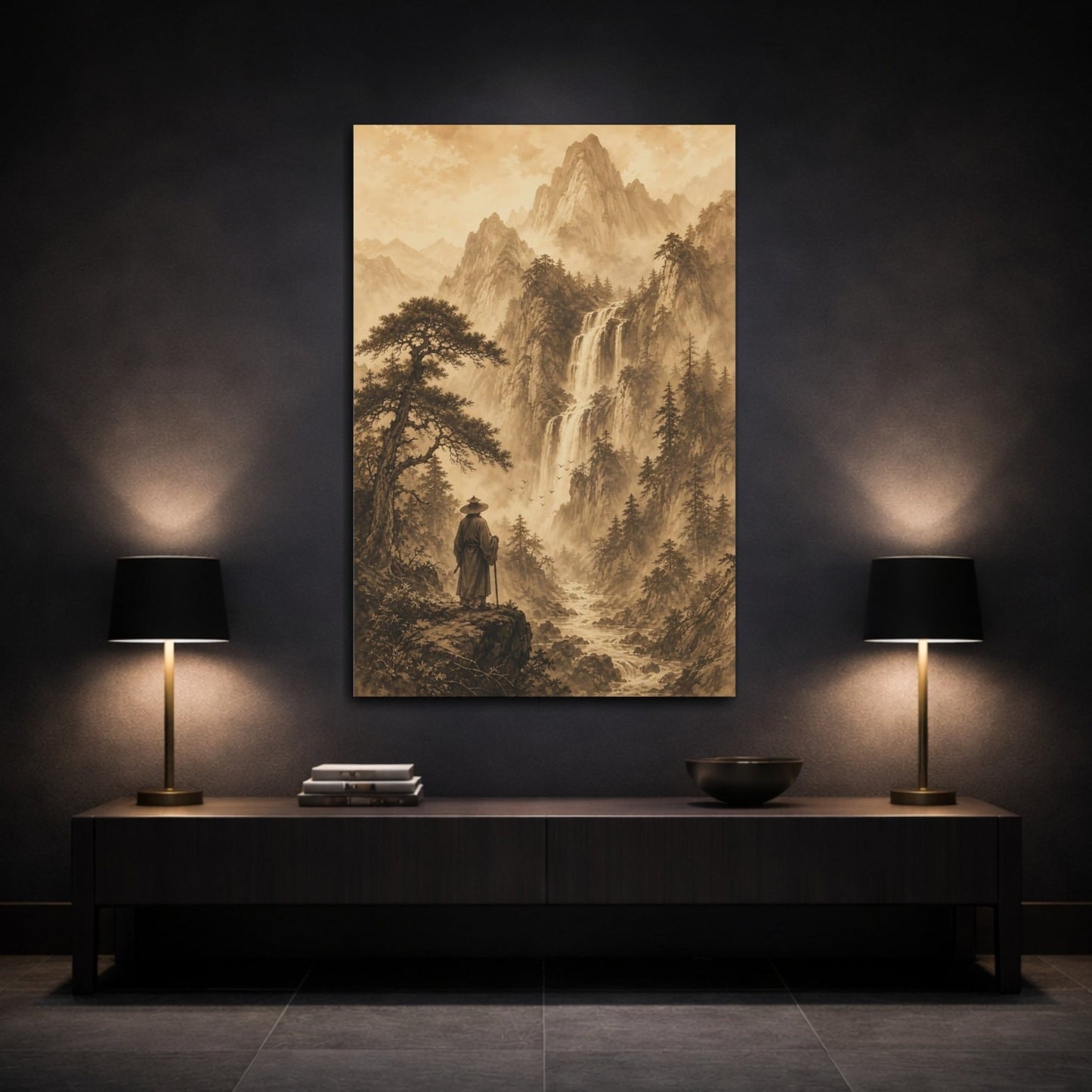 Sepia Ink Mountain Drawing Deep Forest Canvas Wall Art Print – Living Room Decor, Above Sofa - YesArtYes