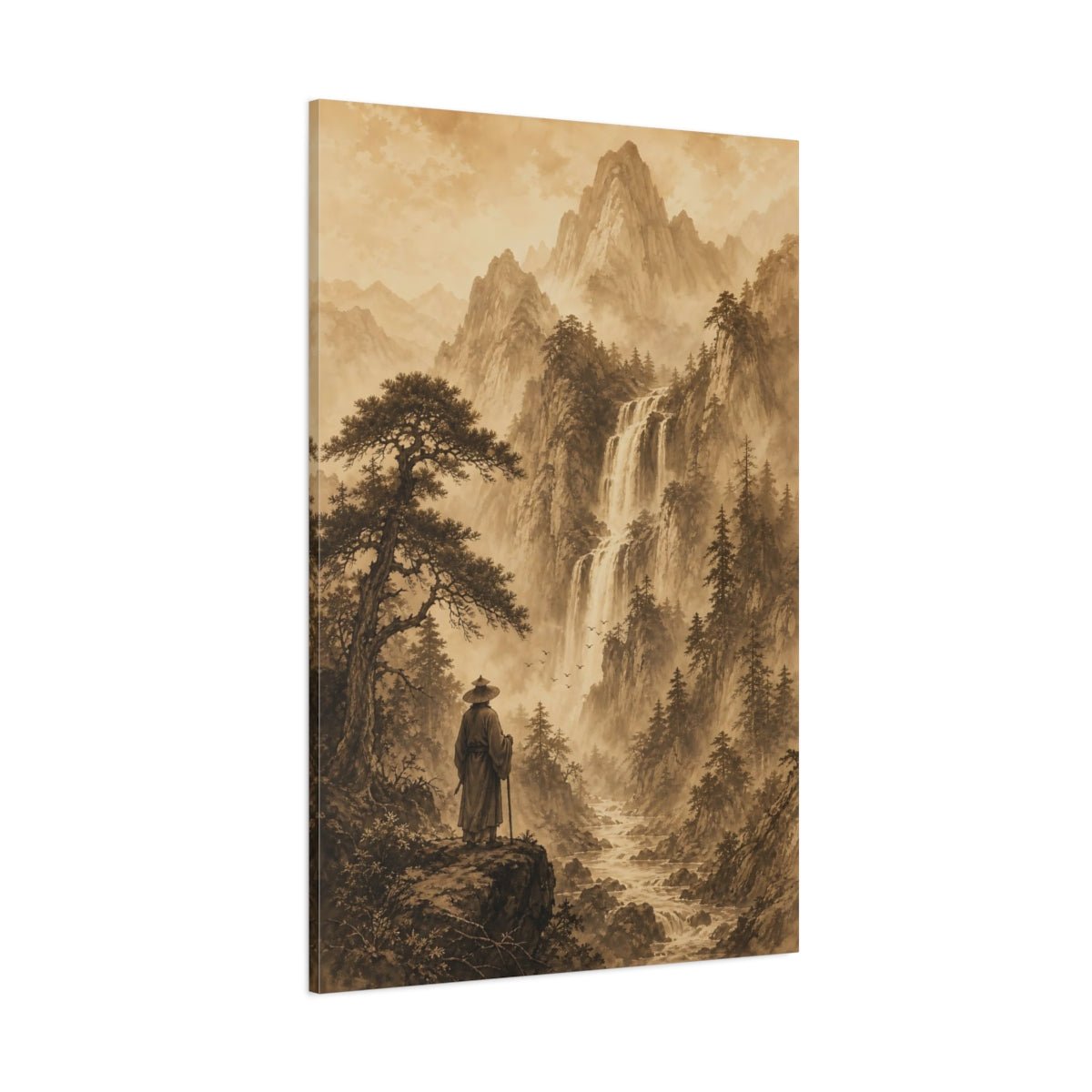 Sepia Ink Mountain Drawing Deep Forest Canvas Wall Art Print – Living Room Decor, Above Sofa - YesArtYes