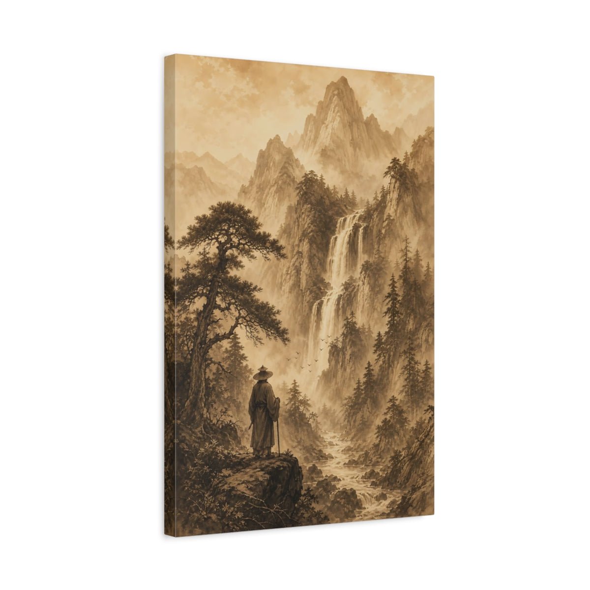 Sepia Ink Mountain Drawing Deep Forest Canvas Wall Art Print – Living Room Decor, Above Sofa - YesArtYes