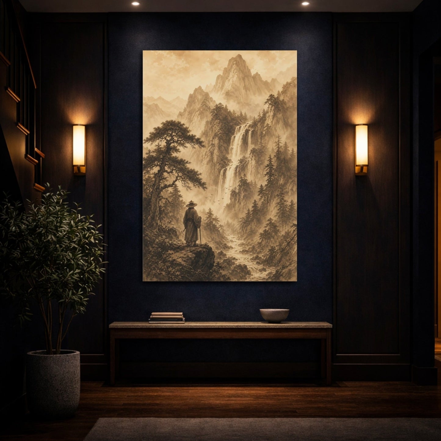 Sepia Ink Mountain Drawing Deep Forest Canvas Wall Art Print – Living Room Decor, Above Sofa - YesArtYes