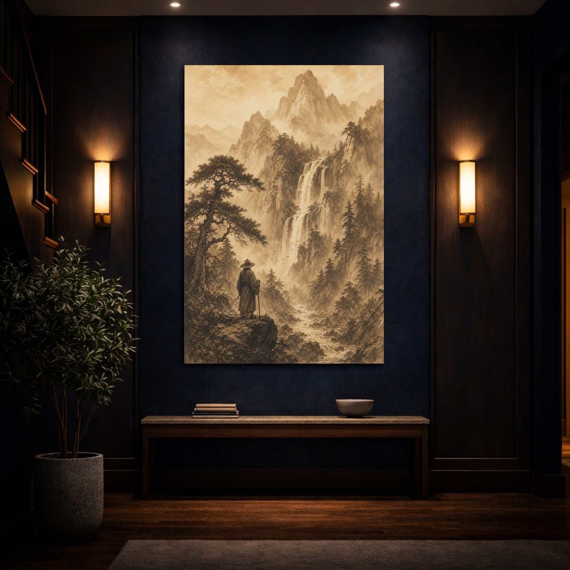 Sepia Ink Mountain Drawing Deep Forest Canvas Wall Art Print – Living Room Decor, Above Sofa - YesArtYes