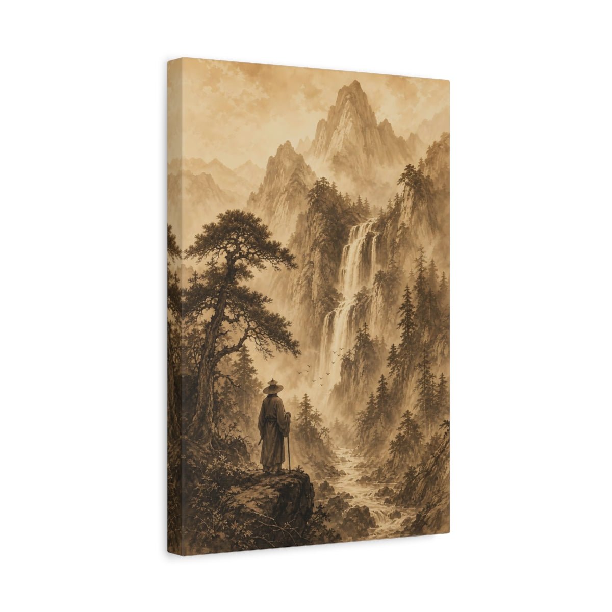 Sepia Ink Mountain Drawing Deep Forest Canvas Wall Art Print – Living Room Decor, Above Sofa - YesArtYes