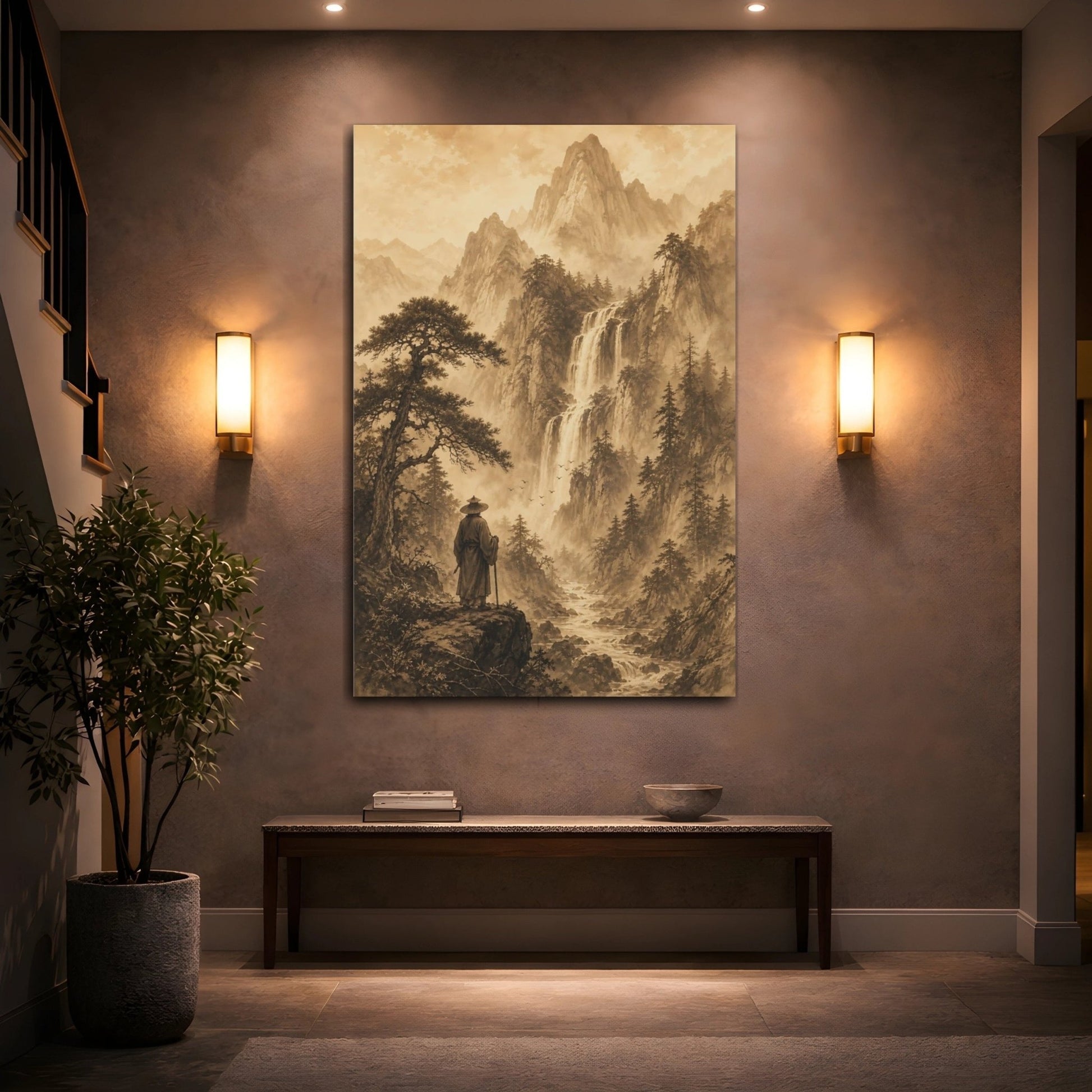 Sepia Ink Mountain Drawing Deep Forest Canvas Wall Art Print – Living Room Decor, Above Sofa - YesArtYes