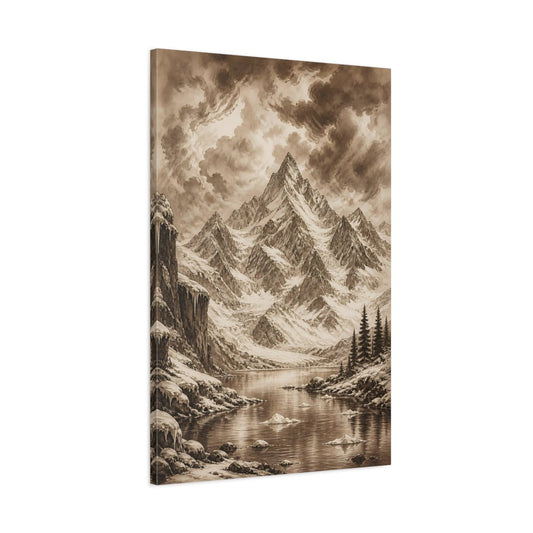 Sepia Ink Mountain Drawing Storm Clouds Canvas Print – Vintage Living Room, Large Wall - YesArtYes