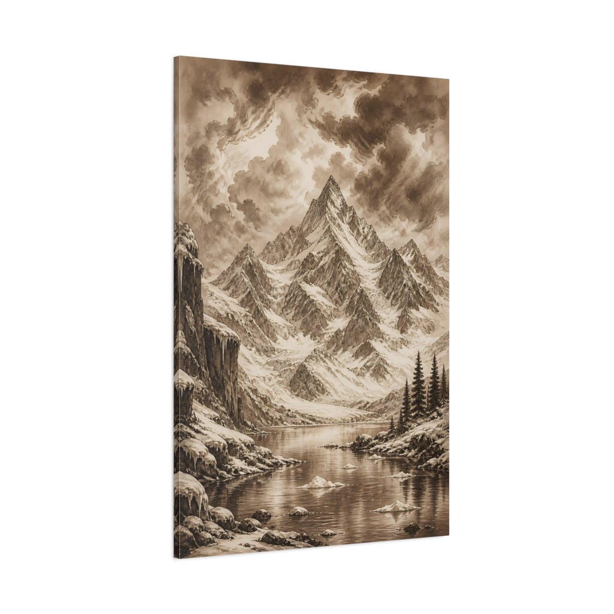Sepia Ink Mountain Drawing Storm Clouds Canvas Print – Vintage Living Room, Large Wall - YesArtYes
