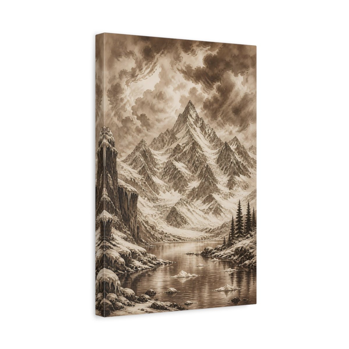 Sepia Ink Mountain Drawing Storm Clouds Canvas Print – Vintage Living Room, Large Wall - YesArtYes