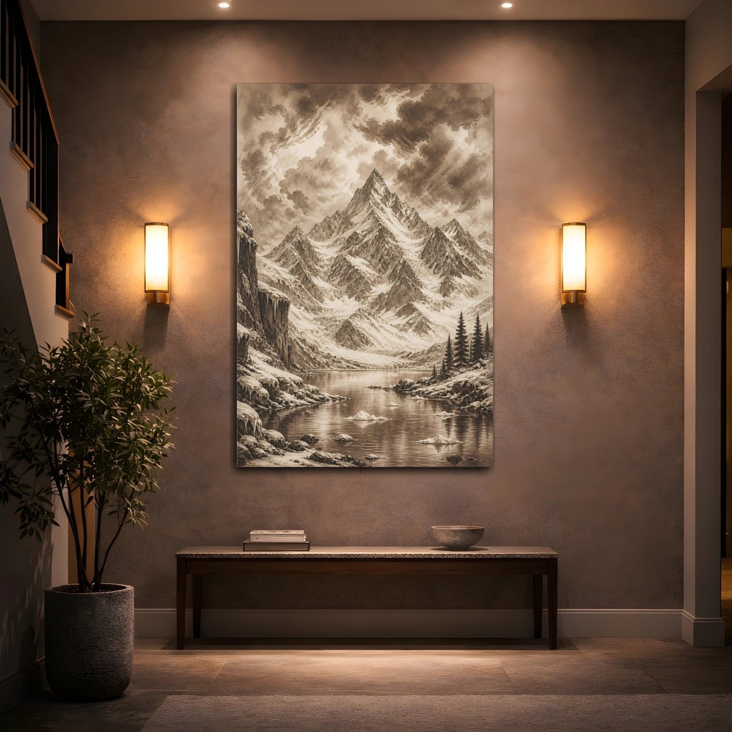 Sepia Ink Mountain Drawing Storm Clouds Canvas Print – Vintage Living Room, Large Wall - YesArtYes