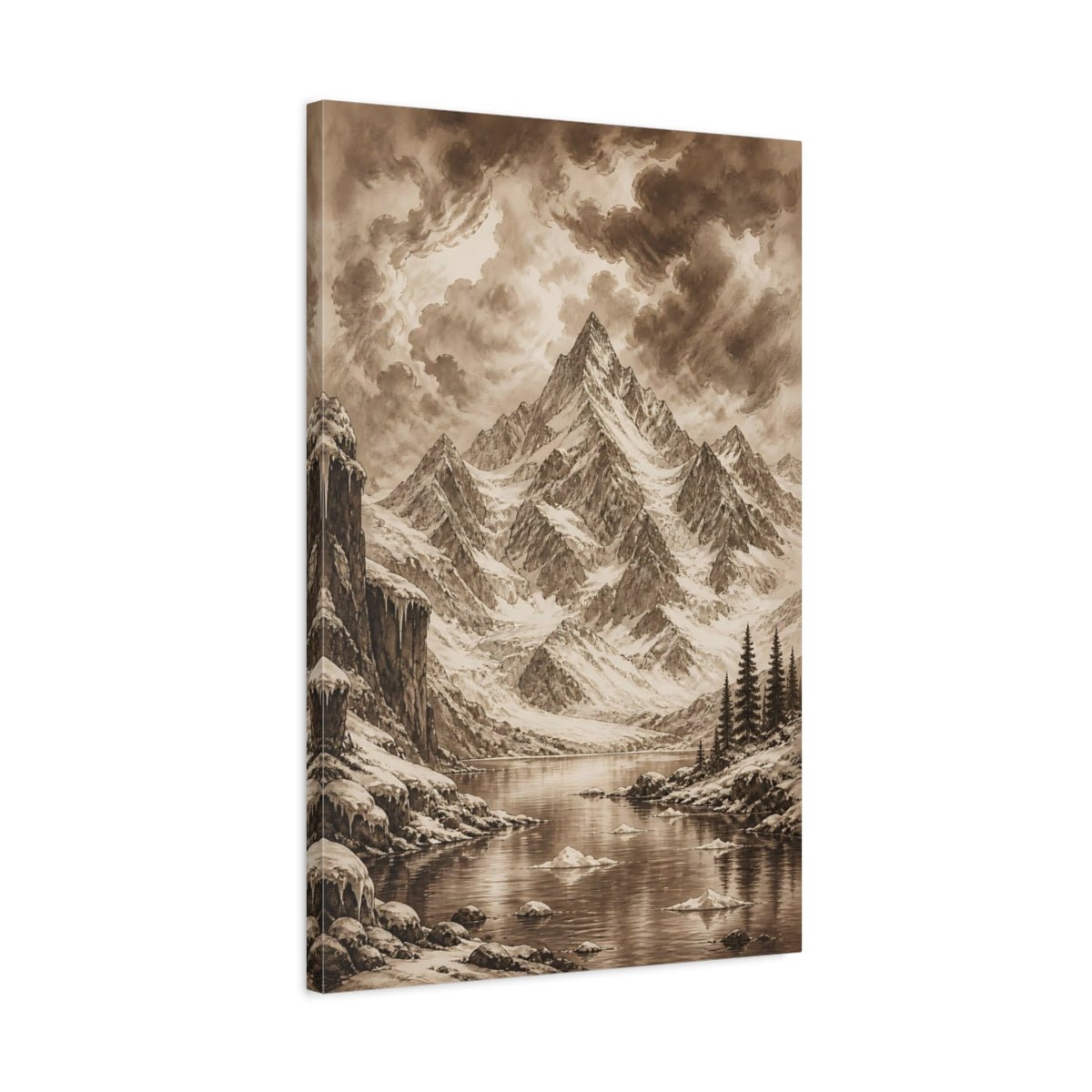 Sepia Ink Mountain Drawing Storm Clouds Canvas Print – Vintage Living Room, Large Wall - YesArtYes