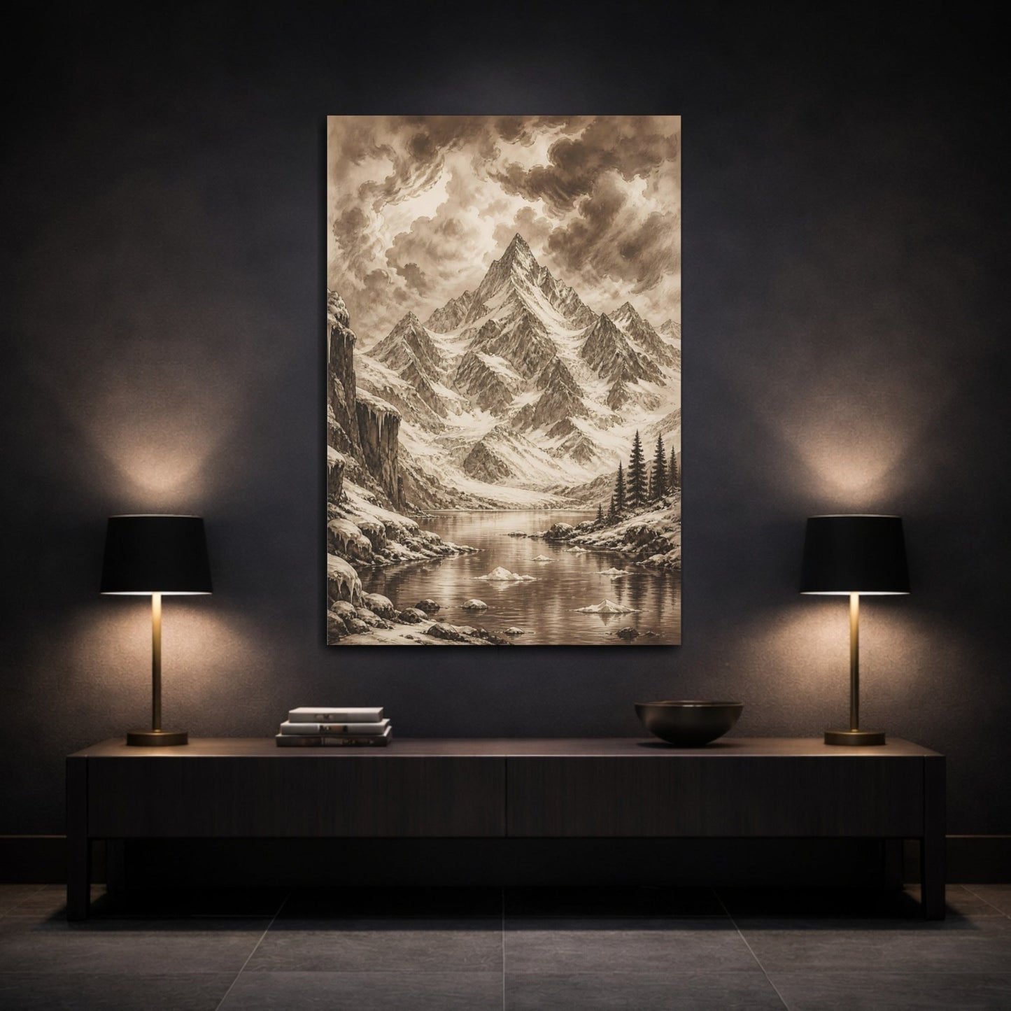 Sepia Ink Mountain Drawing Storm Clouds Canvas Print – Vintage Living Room, Large Wall - YesArtYes