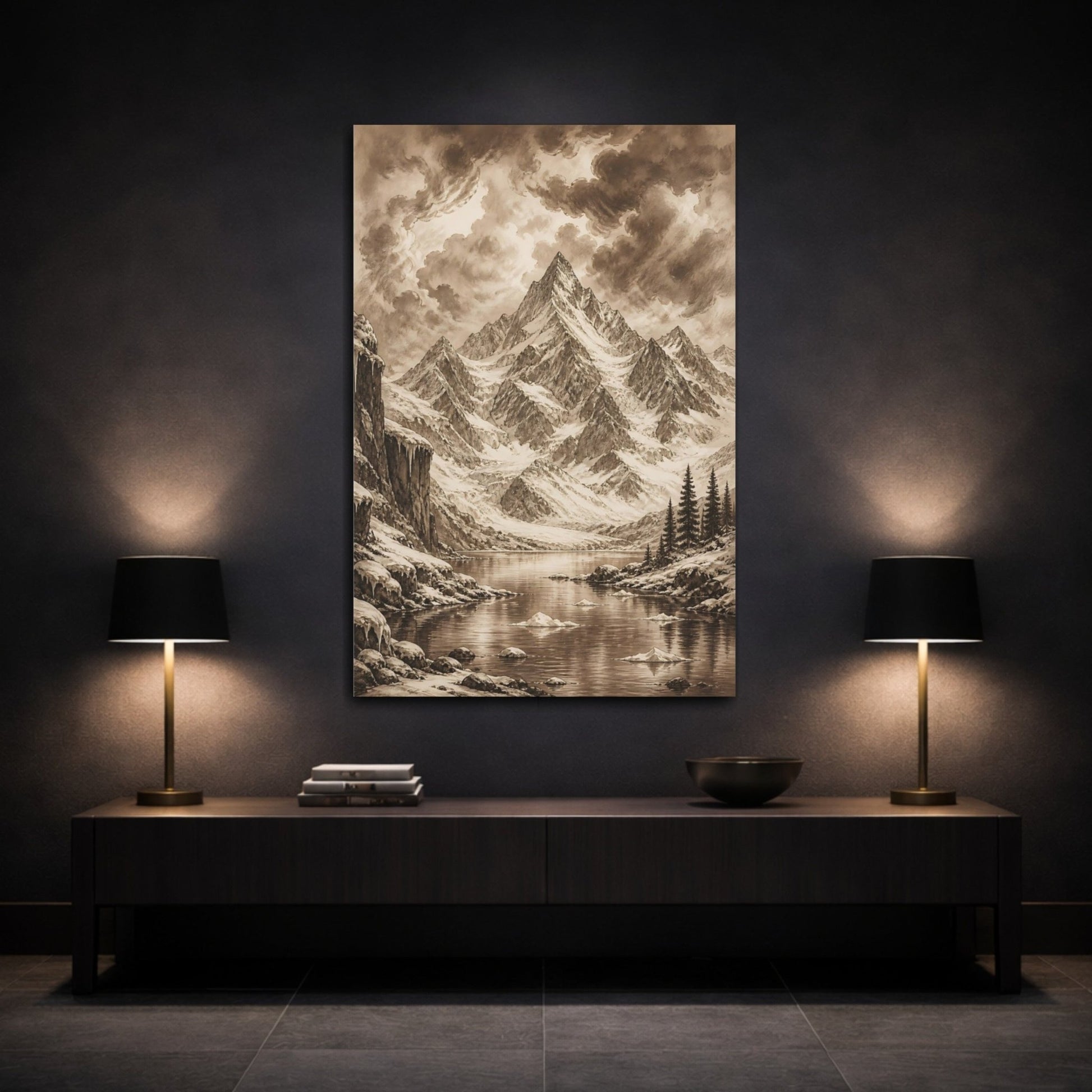 Sepia Ink Mountain Drawing Storm Clouds Canvas Print – Vintage Living Room, Large Wall - YesArtYes