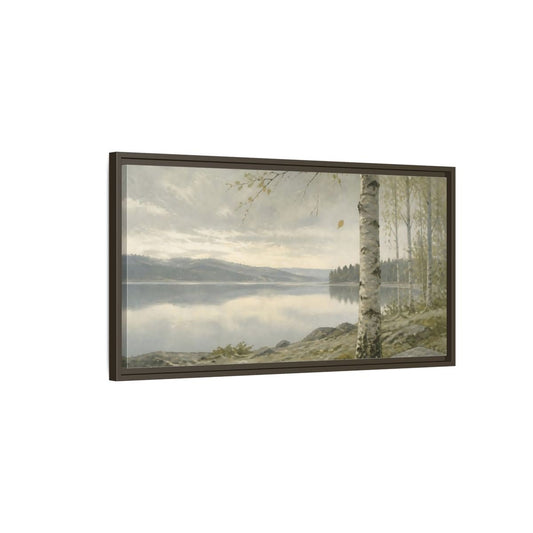 Serene Birch By Lake Framed Canvas Print – Living Room, Above Console Table, Soft Grays & Greens - YesArtYes