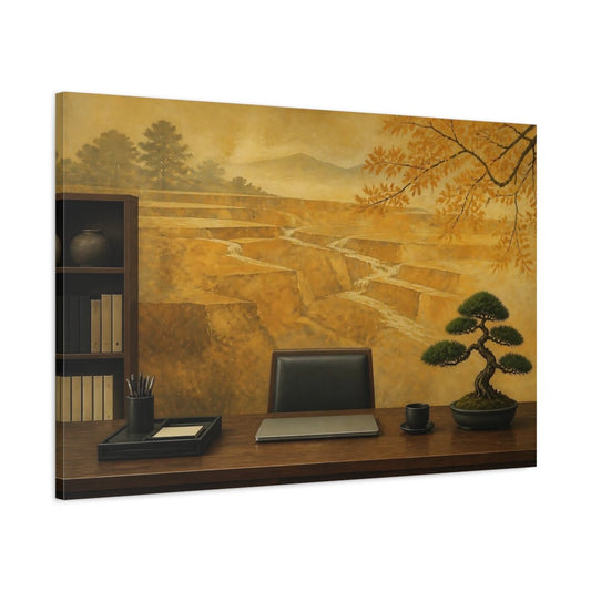 Serene Bonsai Desk Scene Canvas Print – Office, Workspace Wall, Golden Ochre - YesArtYes