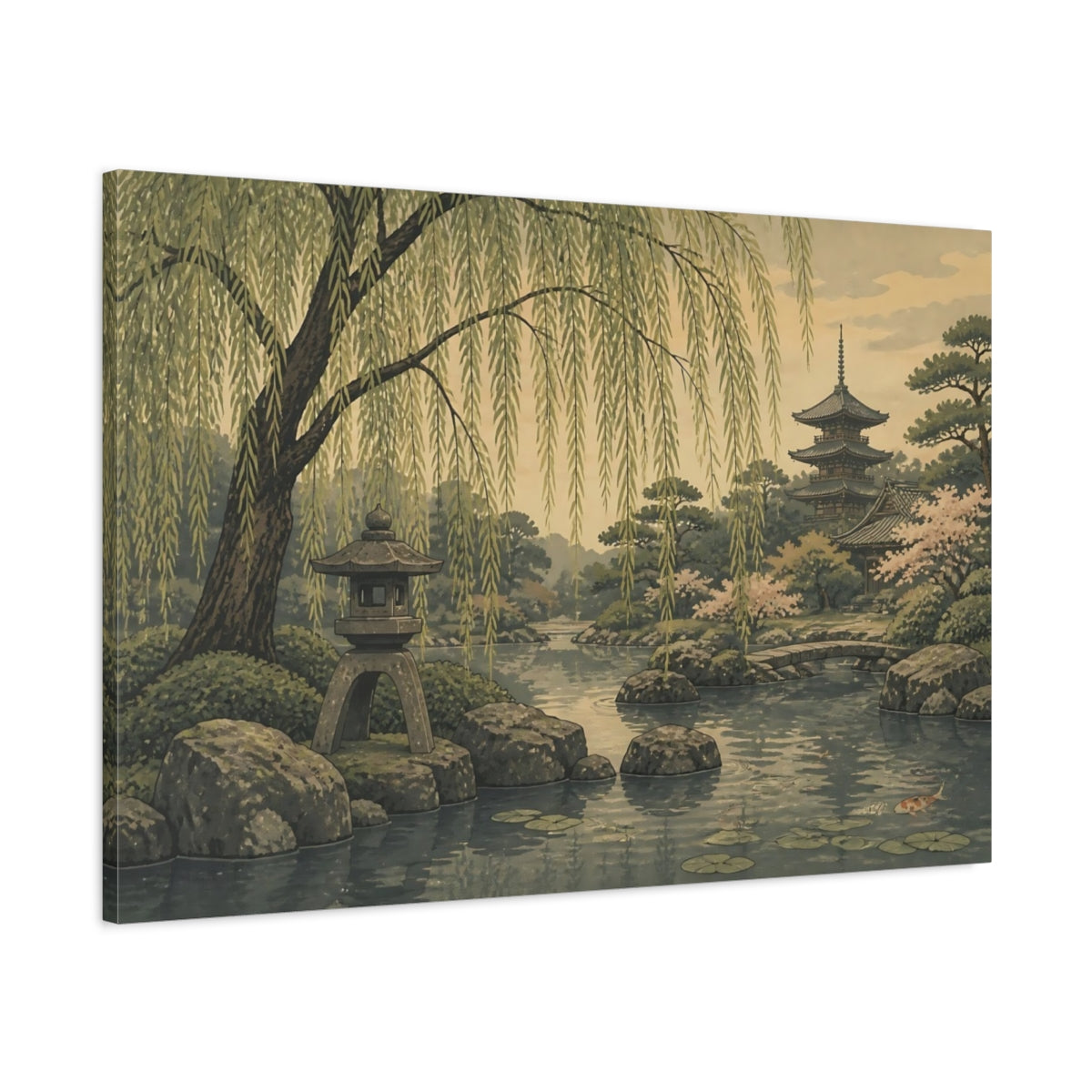 Main Mockup. Serene Japanese Garden Pond shown as canvas print