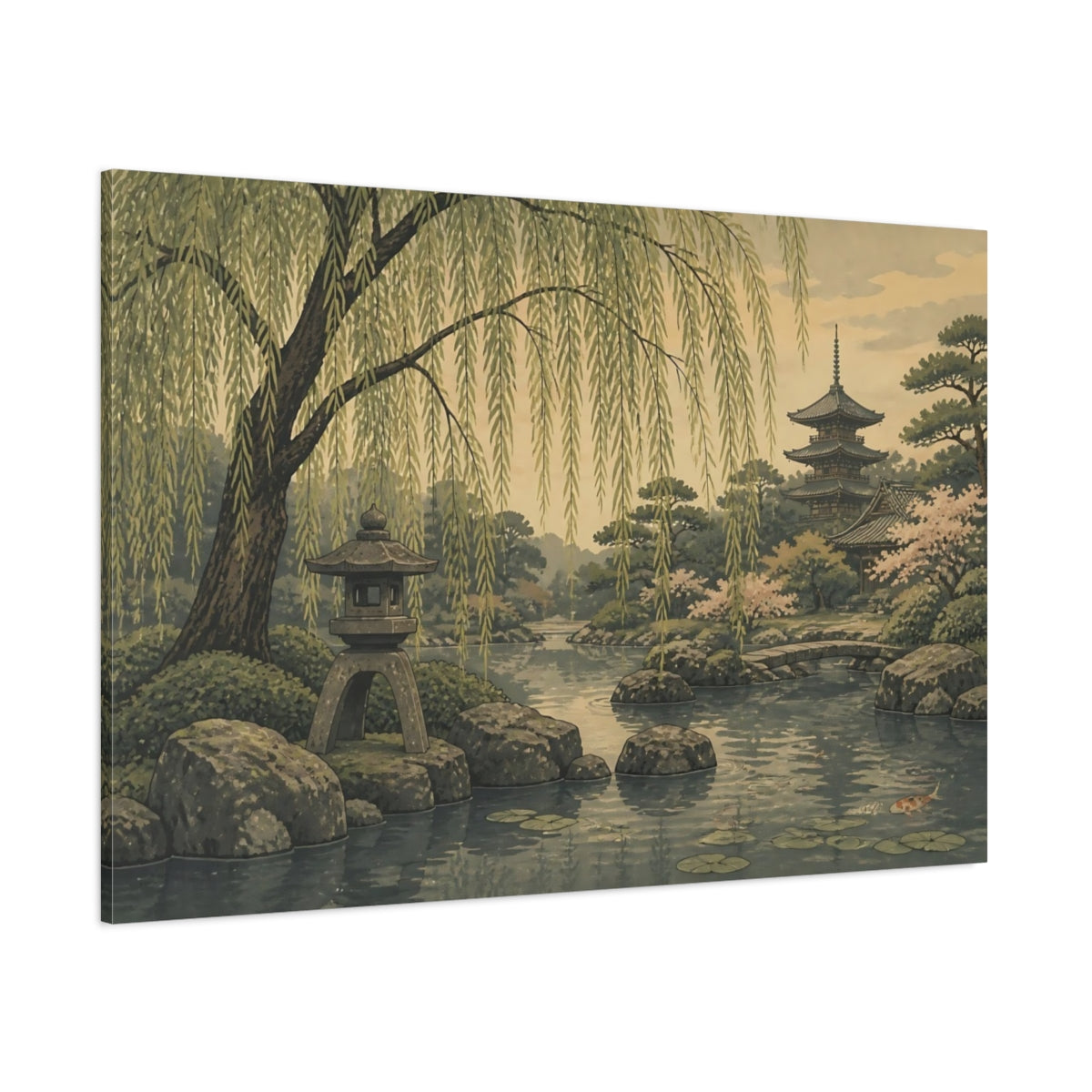 Side Mockup 1. Serene Japanese Garden Pond shown as canvas print