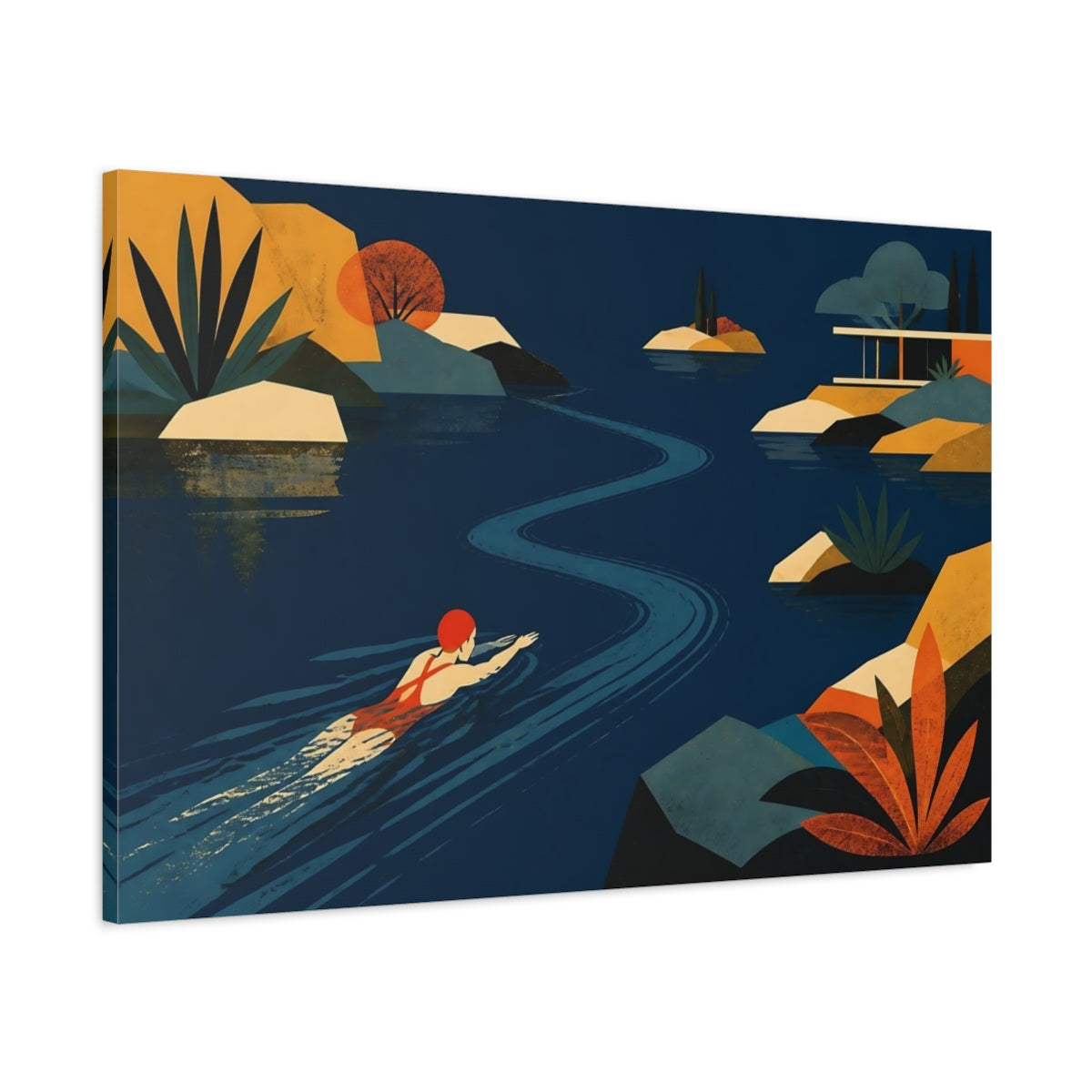 Main Mockup. Serene Lake Swimmer shown as canvas print