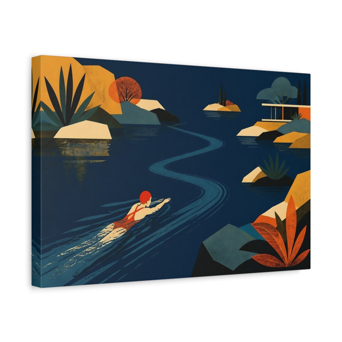 Side Mockup 4. Serene Lake Swimmer shown as canvas print