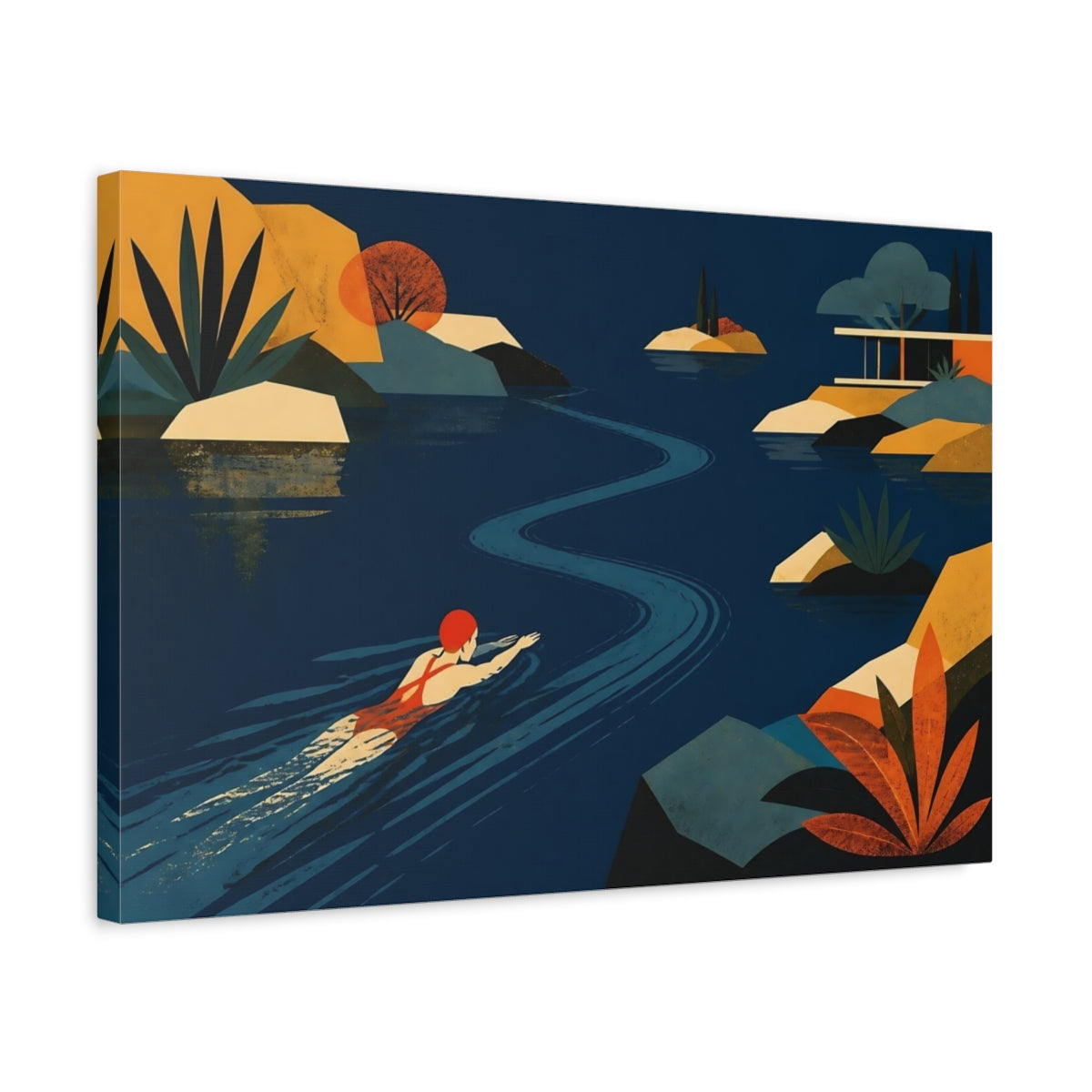 Side Mockup 3. Serene Lake Swimmer shown as canvas print
