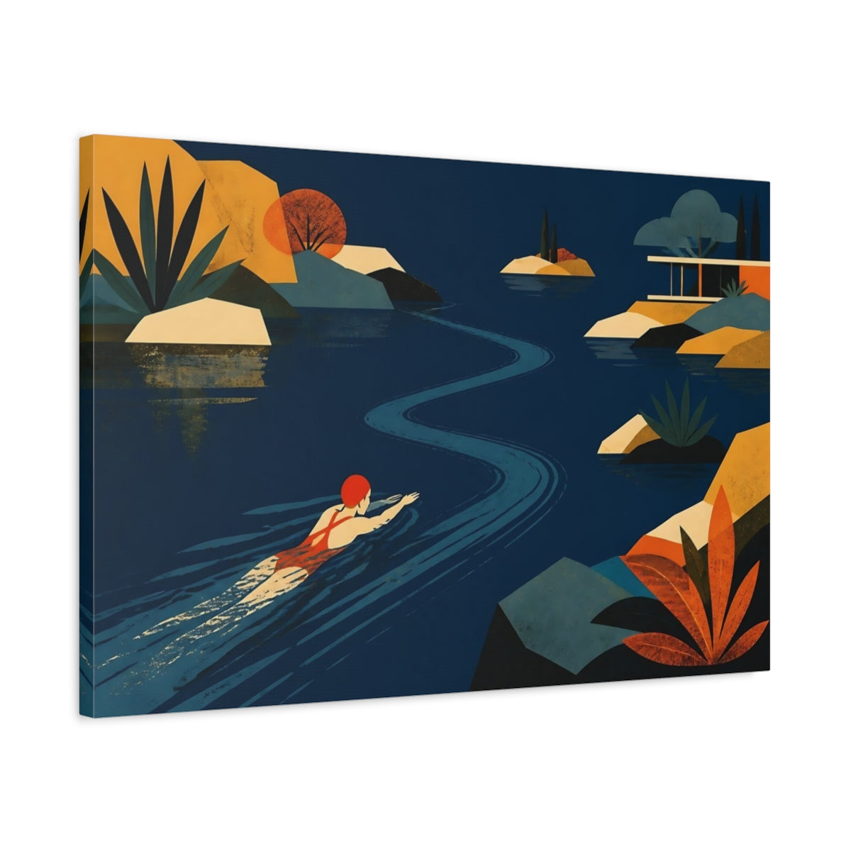 Side Mockup 2. Serene Lake Swimmer shown as canvas print