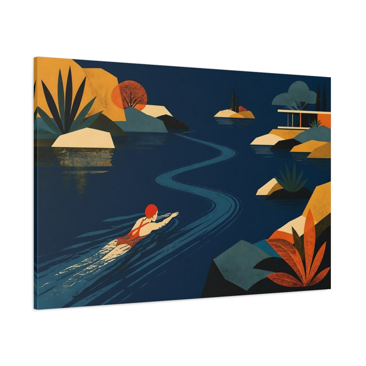Side Mockup 1. Serene Lake Swimmer shown as canvas print