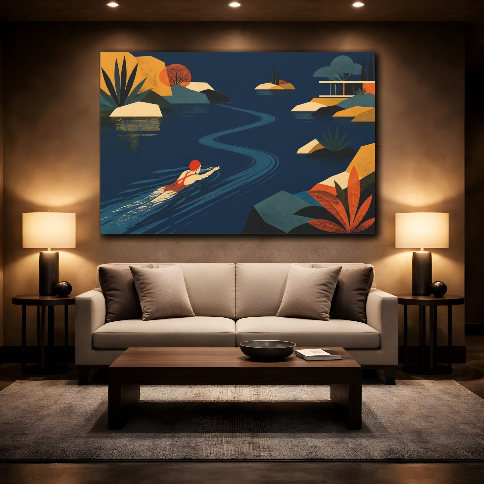 Mockup 2. Serene Lake Swimmer shown as canvas print