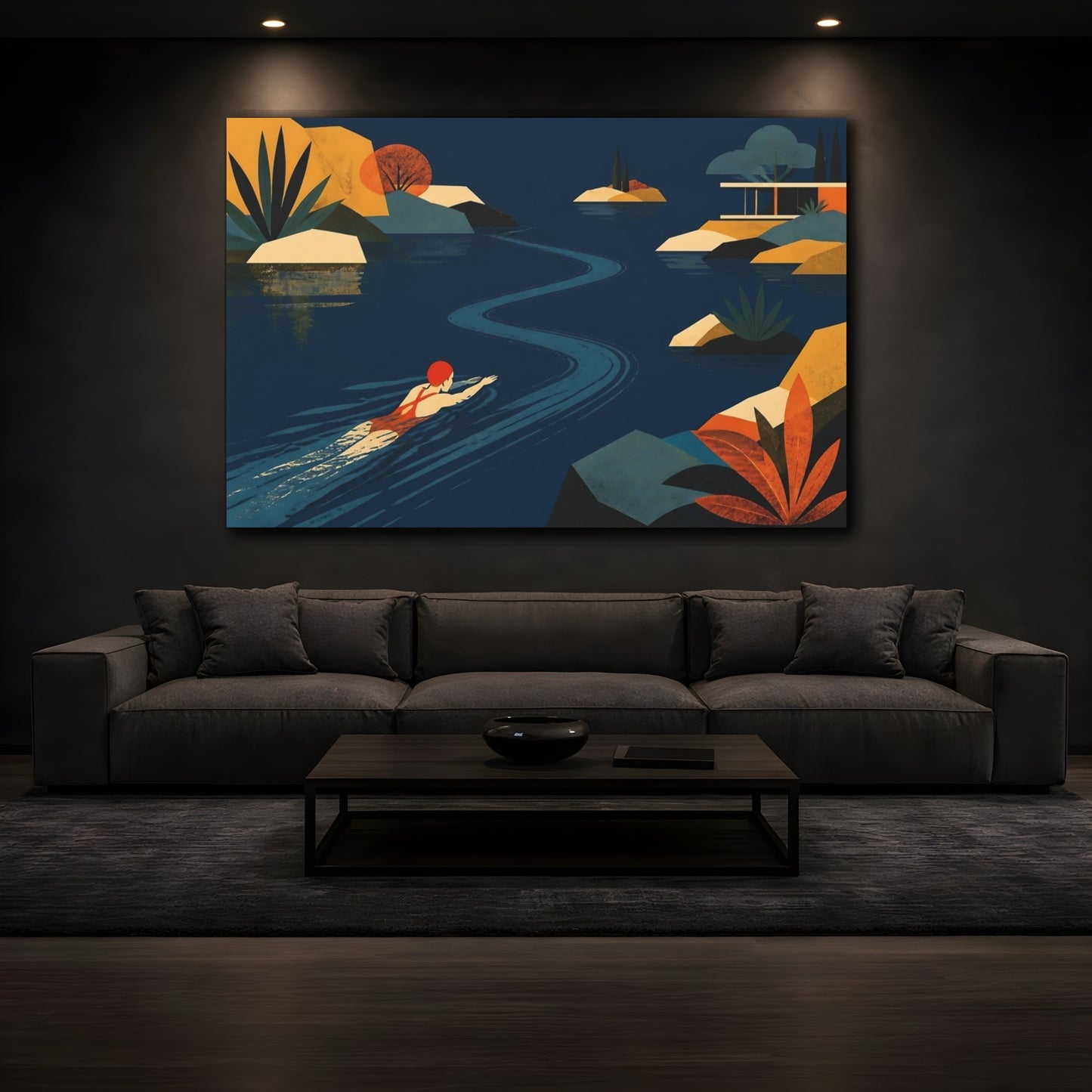 Mockup 3. Serene Lake Swimmer shown as canvas print