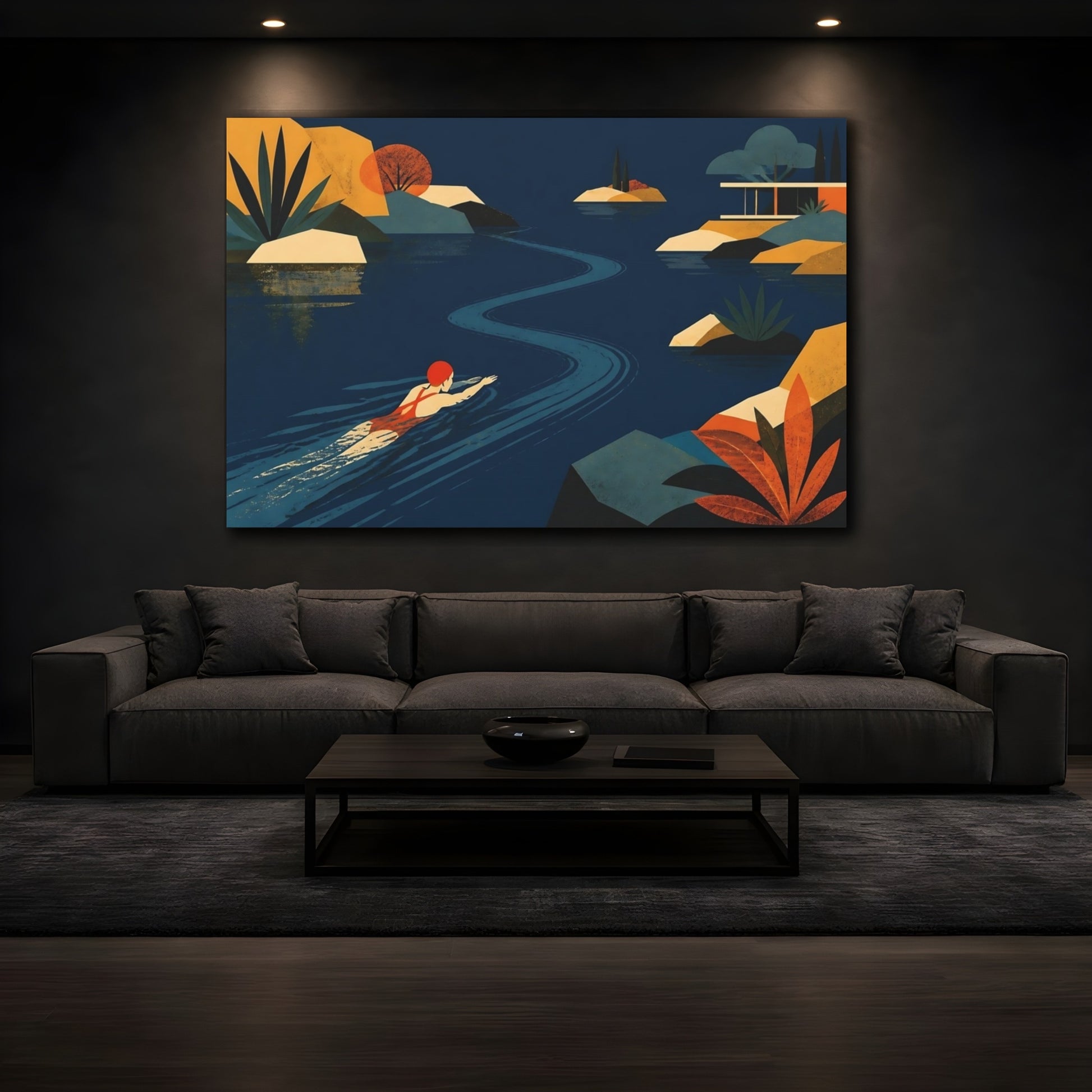 Mockup 3. Serene Lake Swimmer shown as canvas print