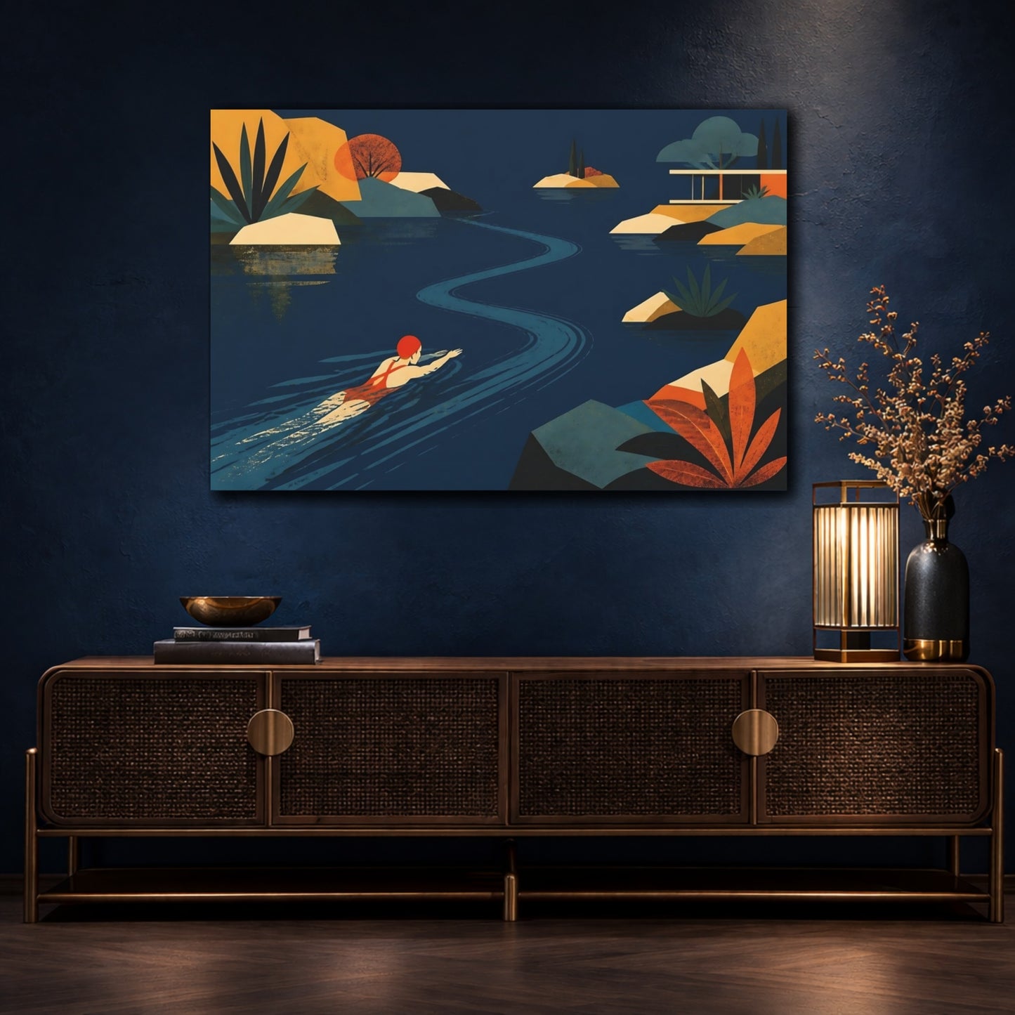 Mockup 4. Serene Lake Swimmer shown as canvas print