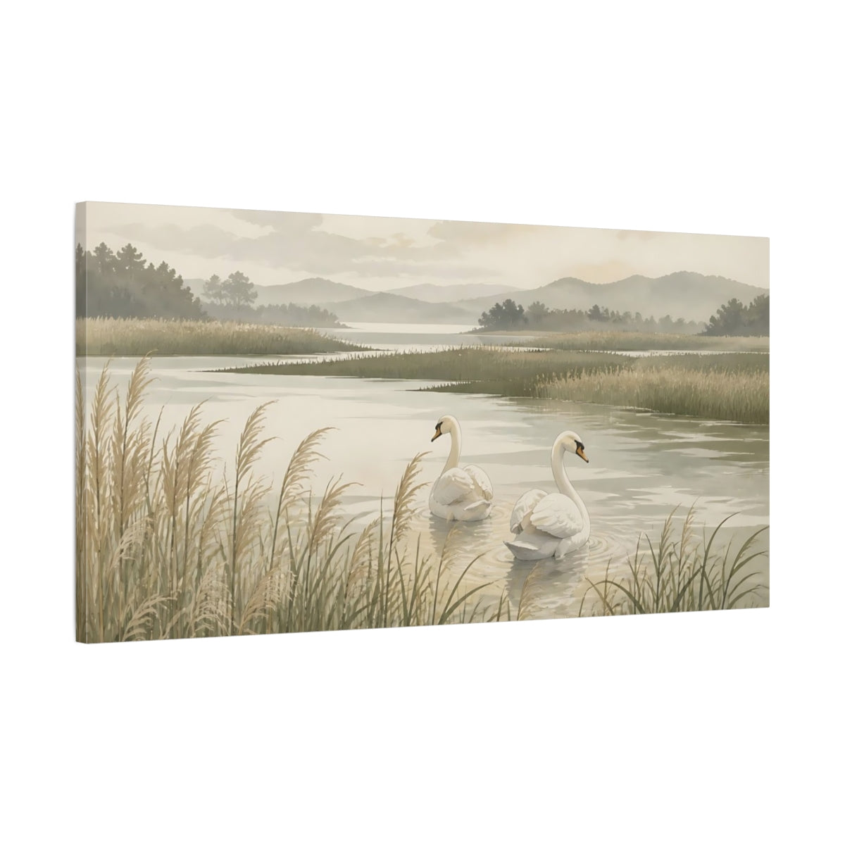 Main Mockup. Serene Swan Marsh shown as canvas print