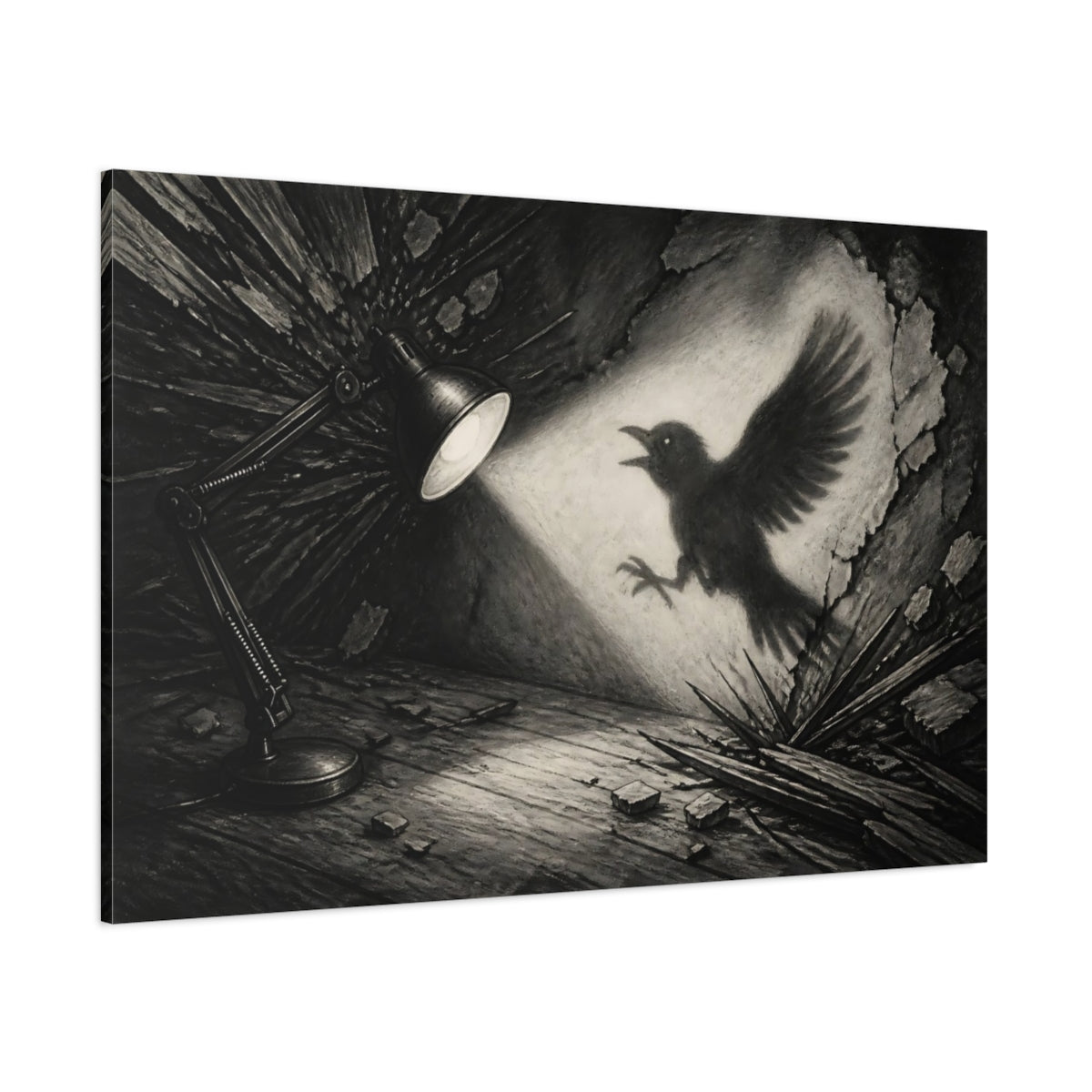 Side Mockup 1. Shadow Of The Crow shown as canvas print