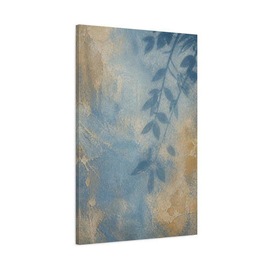 Main Mockup. Shadowed Leaves On Blue Wall shown as canvas print