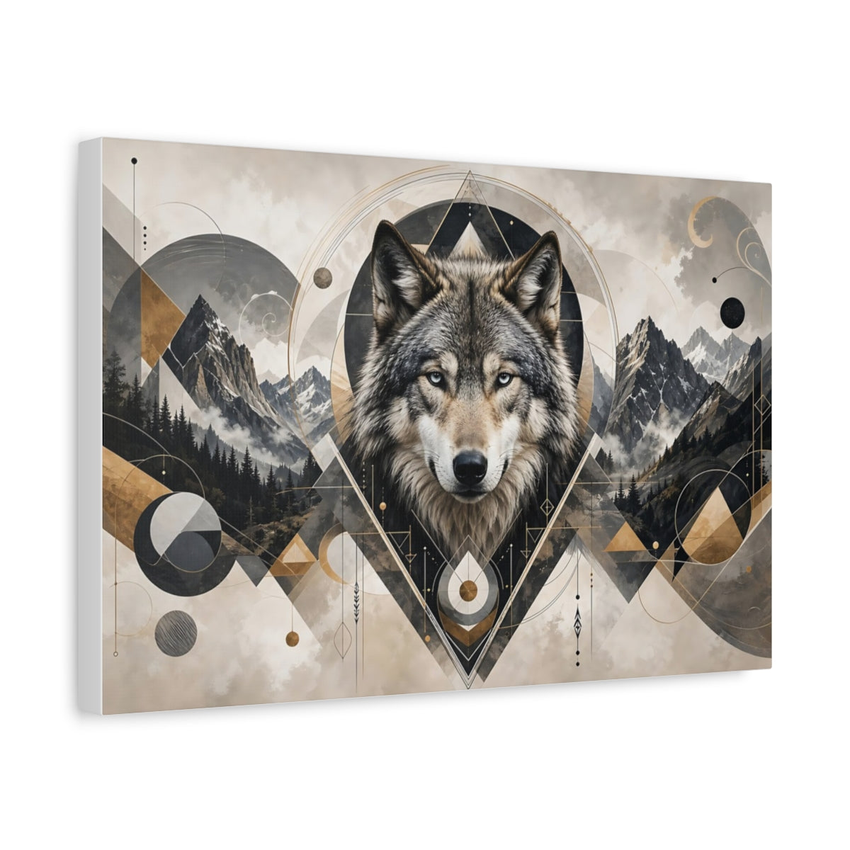 Side Mockup 4. Sharp Detail Wolf Head With Geometric Shape Accents shown as stretched canvas wall art