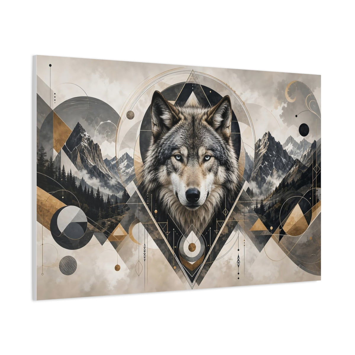 Side Mockup 1. Sharp Detail Wolf Head With Geometric Shape Accents shown as stretched canvas wall art