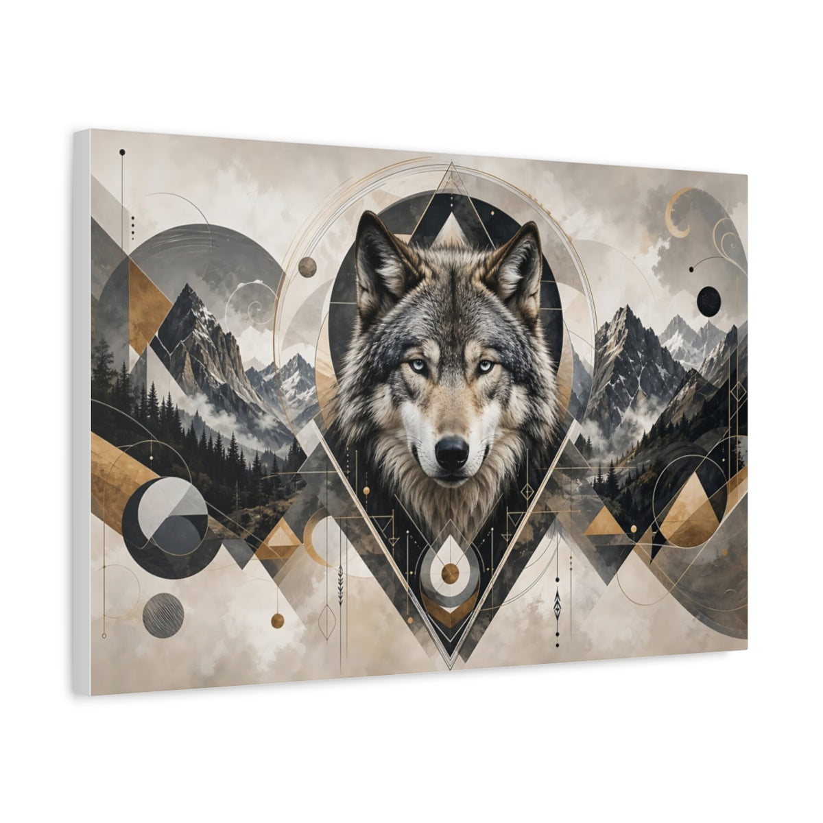Side Mockup 3. Sharp Detail Wolf Head With Geometric Shape Accents shown as stretched canvas wall art