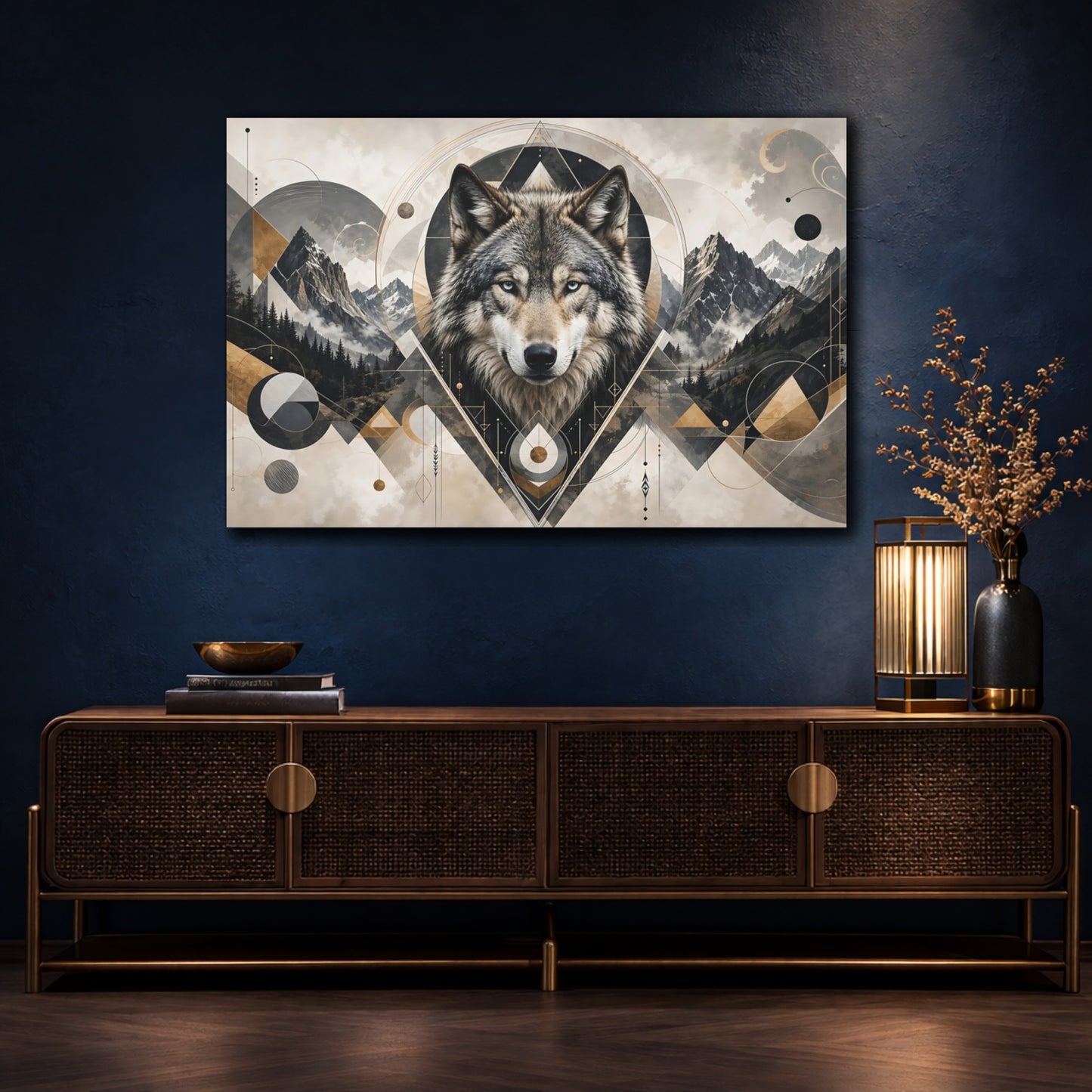 Mockup 2. Sharp Detail Wolf Head With Geometric Shape Accents shown as stretched canvas wall art