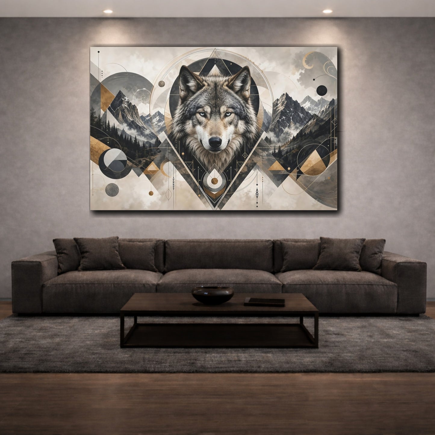 Mockup 3. Sharp Detail Wolf Head With Geometric Shape Accents shown as stretched canvas wall art