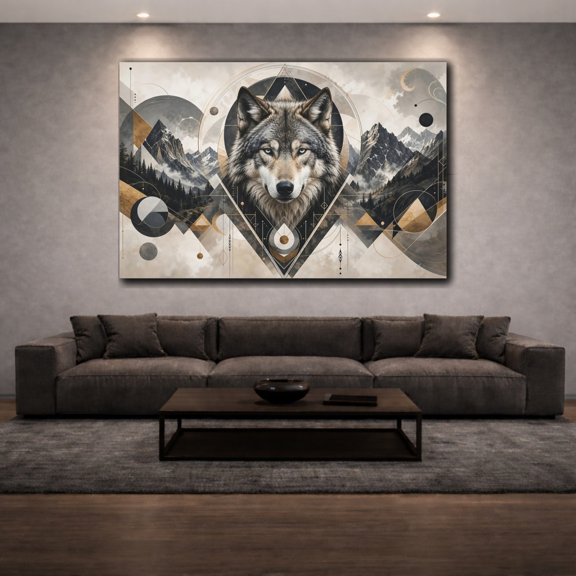 Mockup 3. Sharp Detail Wolf Head With Geometric Shape Accents shown as stretched canvas wall art