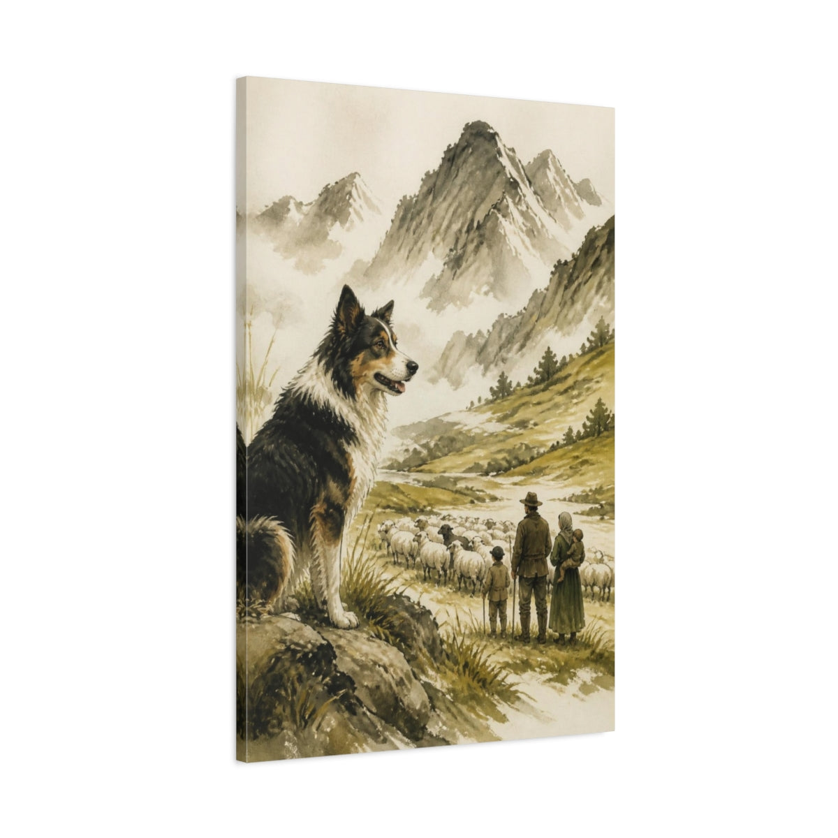 Main Mockup. Sheepdog Pets In Mountain Pasture shown as canvas print