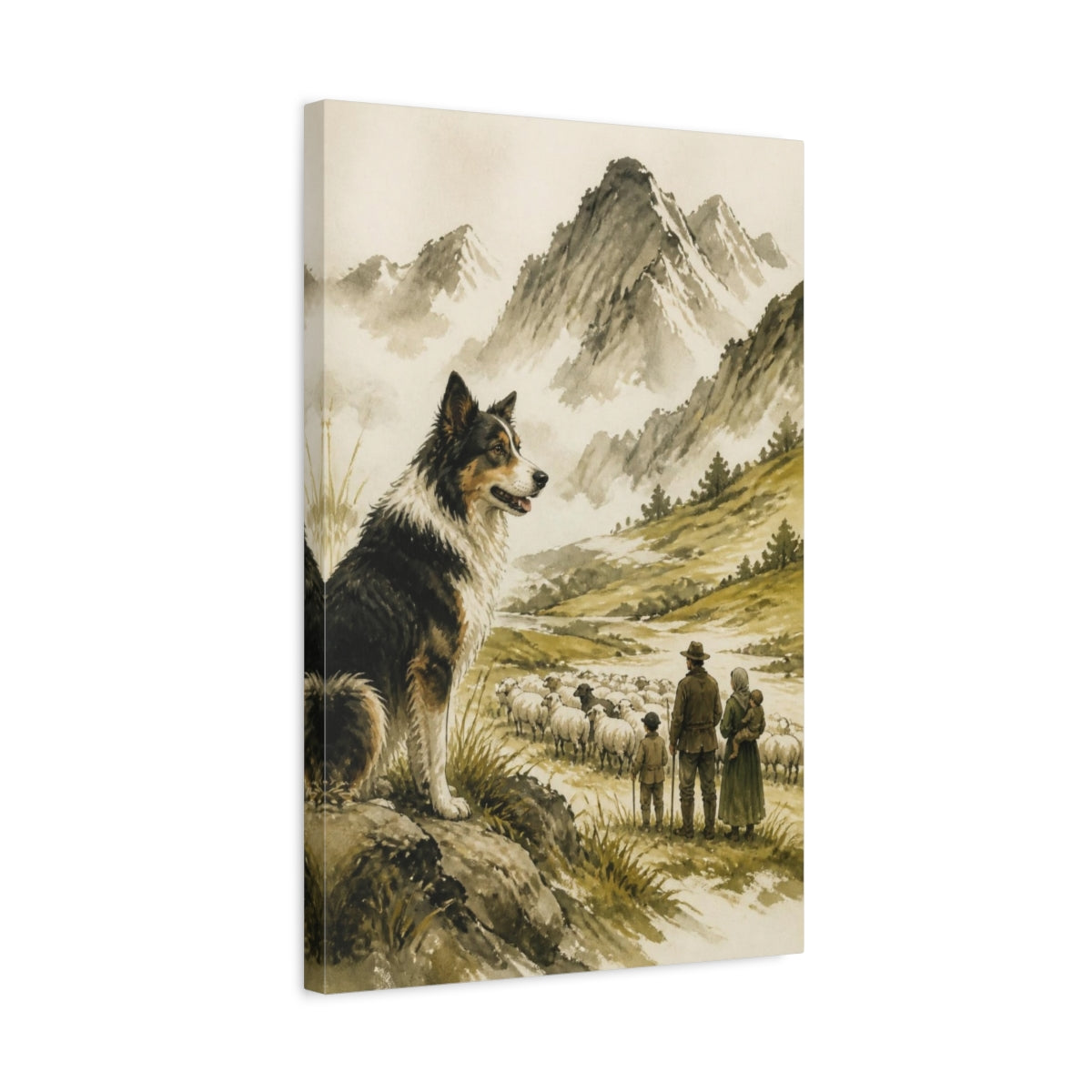 Side Mockup 3. Sheepdog Pets In Mountain Pasture shown as canvas print