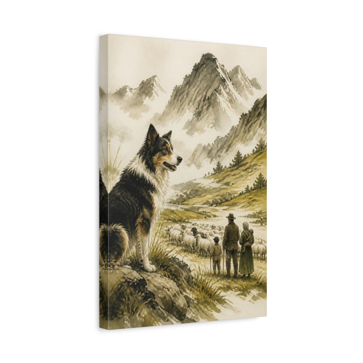 Side Mockup 4. Sheepdog Pets In Mountain Pasture shown as canvas print