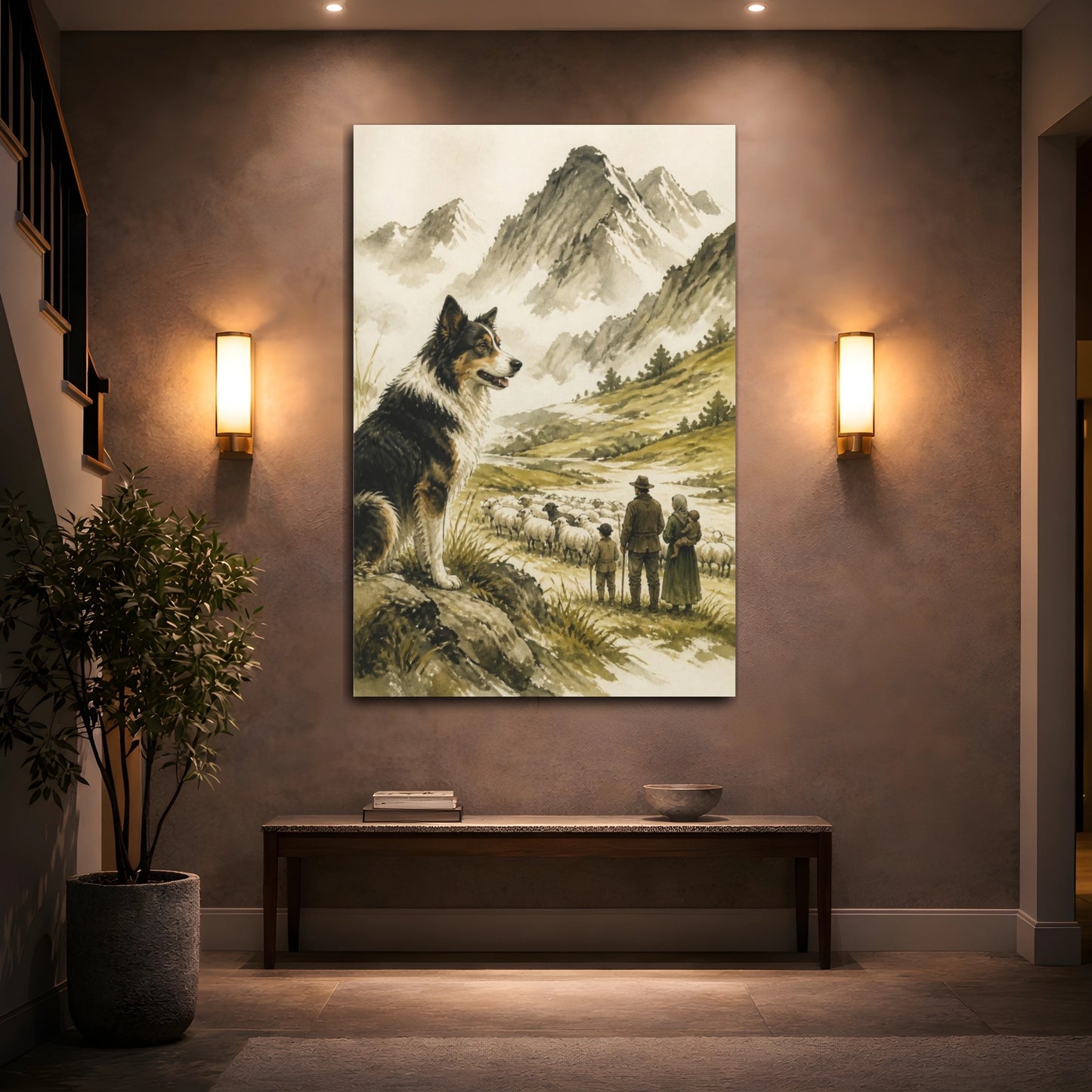 Mockup 2. Sheepdog Pets In Mountain Pasture shown as canvas print