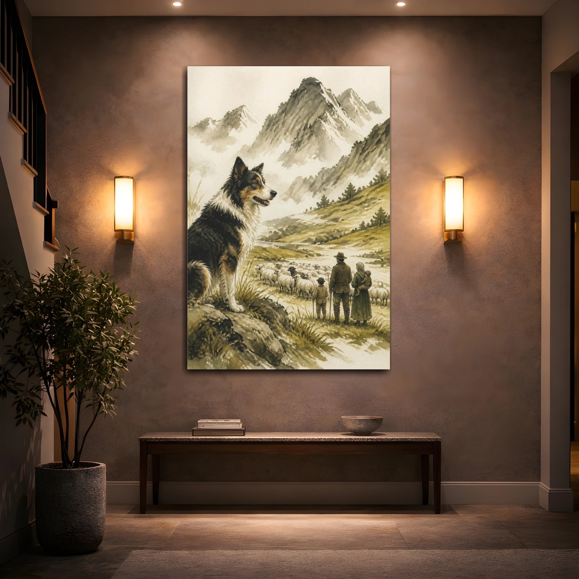 Mockup 2. Sheepdog Pets In Mountain Pasture shown as canvas print