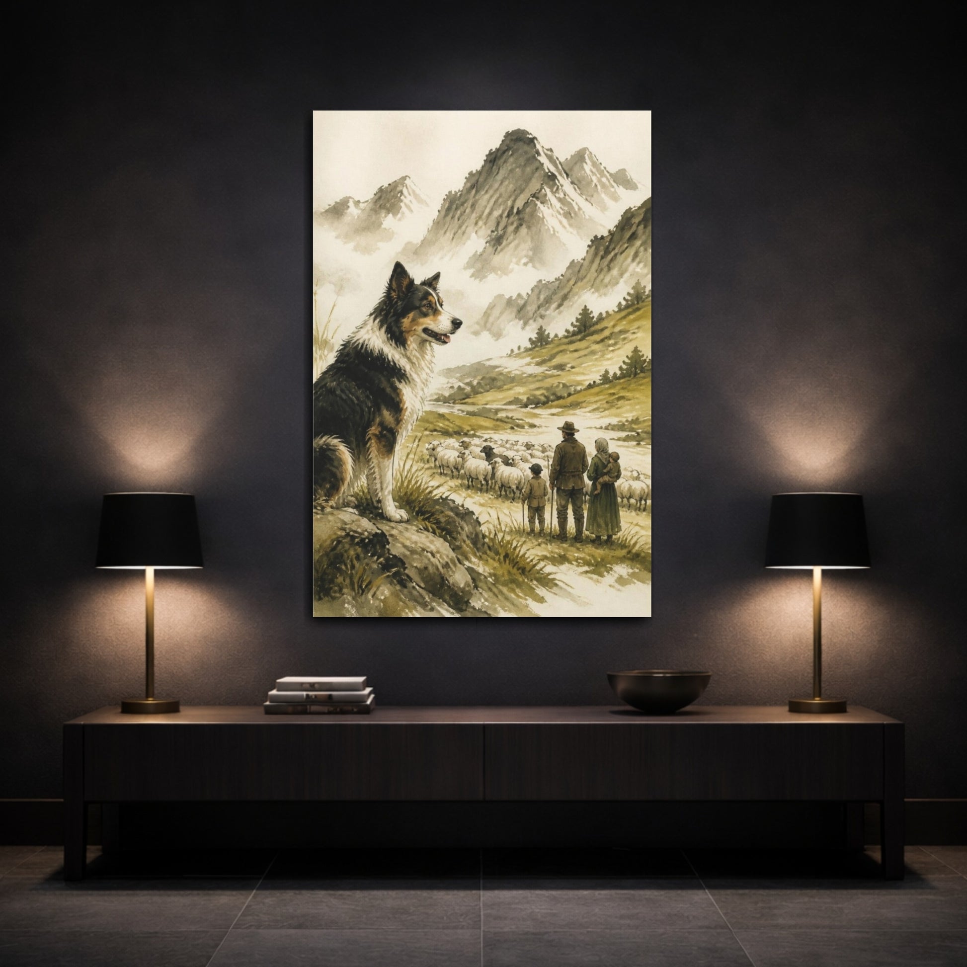 Mockup 3. Sheepdog Pets In Mountain Pasture shown as canvas print
